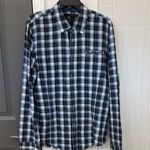 CALVIN KLEIN JEANS CK Men's Black and Blue Plaid Button-Down Shirt
